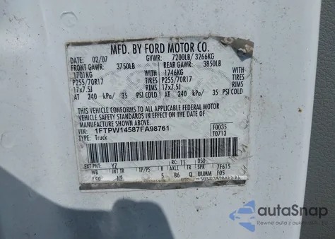 2007 Ford F-150 Fx4/Lariat/Xlt from USA, damaged, VIN 1FTPW14587FA98761